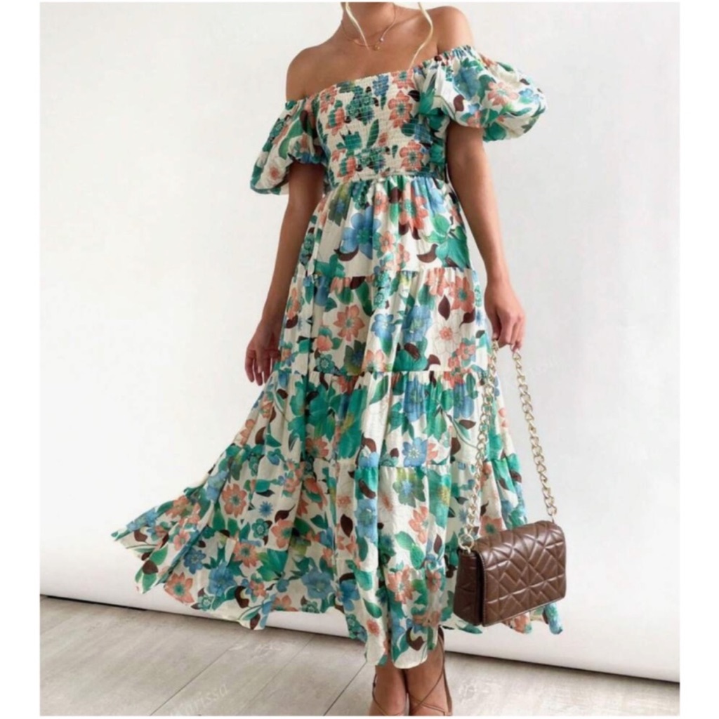 Boho Floral Print Shirred Puff Sleeve Dress